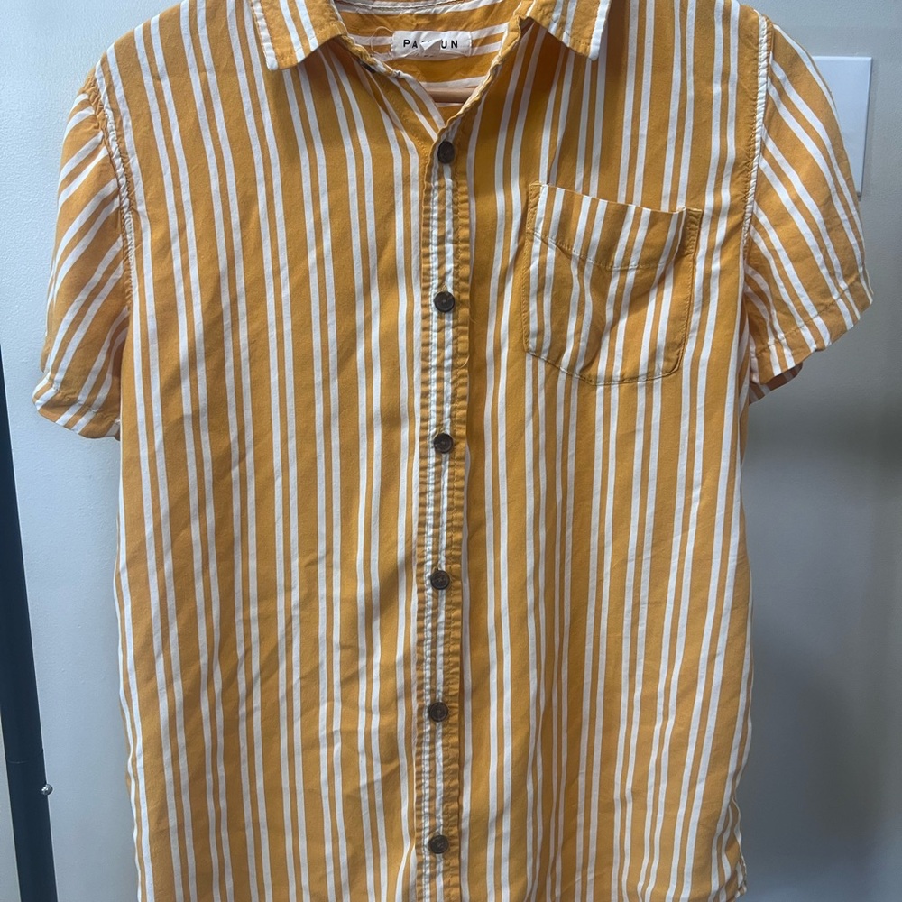 PacSun Yellow and White Striped Short-Sleeve Button-Down